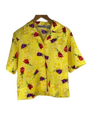 Vintage 90s Floral Shirt Size 10 Button Down Short Sleeve Collared Yellow Granny